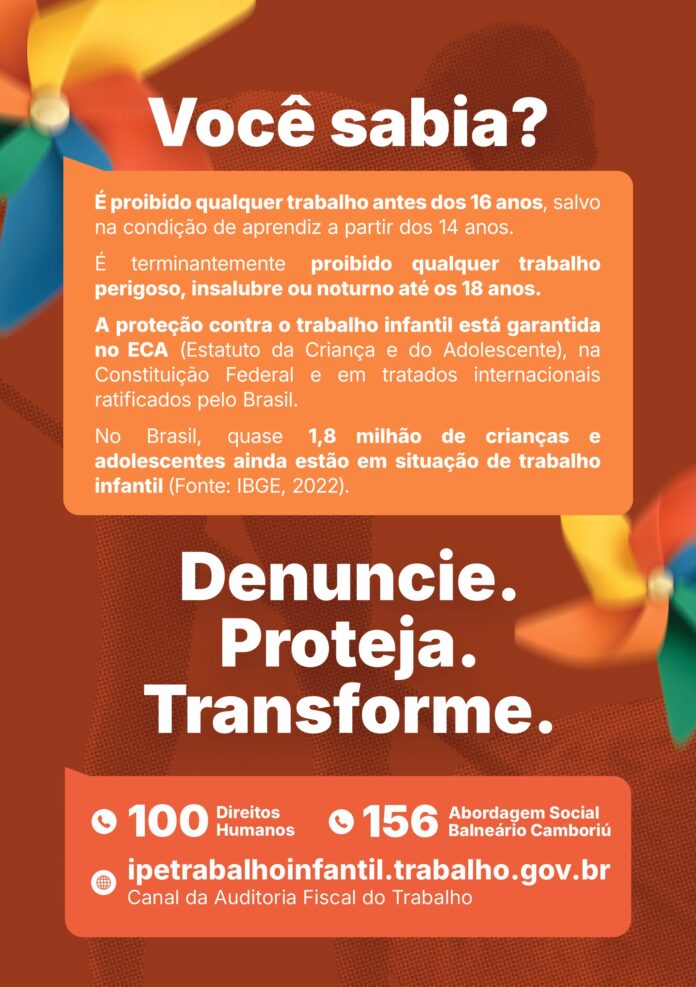 Ação de conscientização do Conselho Tutelar sobre trabalho infantil em cruzamento de Balneário Camboriú