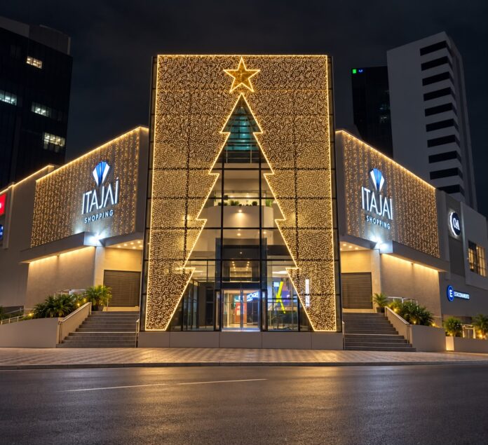 Decoração natalina em tons de vermelho na praça central do Itajaí Shopping, com árvore de Natal de nove metros de altura