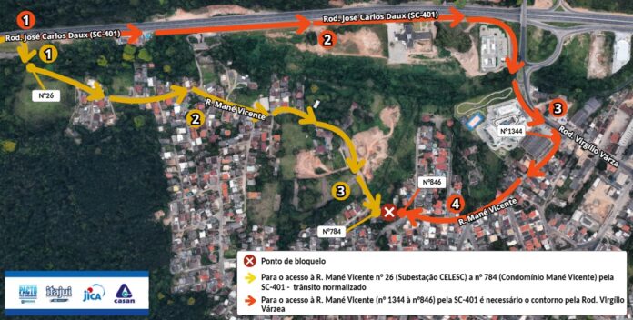 Trecho da Rua Mané Vicente, no Bairro Monte Verde, em Florianópolis, onde haverá bloqueio por obras de esgoto