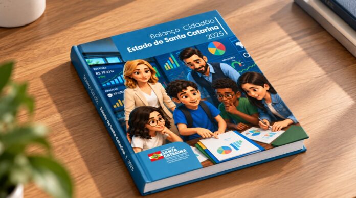 Estudantes lendo a publicação Balanço Cidadão, ilustrada com o personagem Professor Caduceu